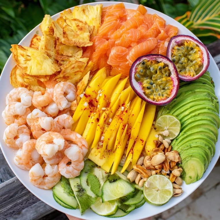 This refreshing Tropical Wave Tasting Platter showcases the colorful arrangement of tropical fruits and seafood.