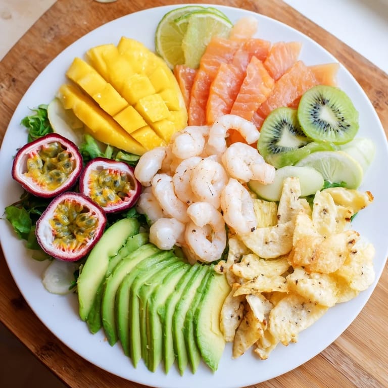 Enjoy the flavors of summer with this beautiful Tropical Wave Tasting Platter featuring a variety of textures.