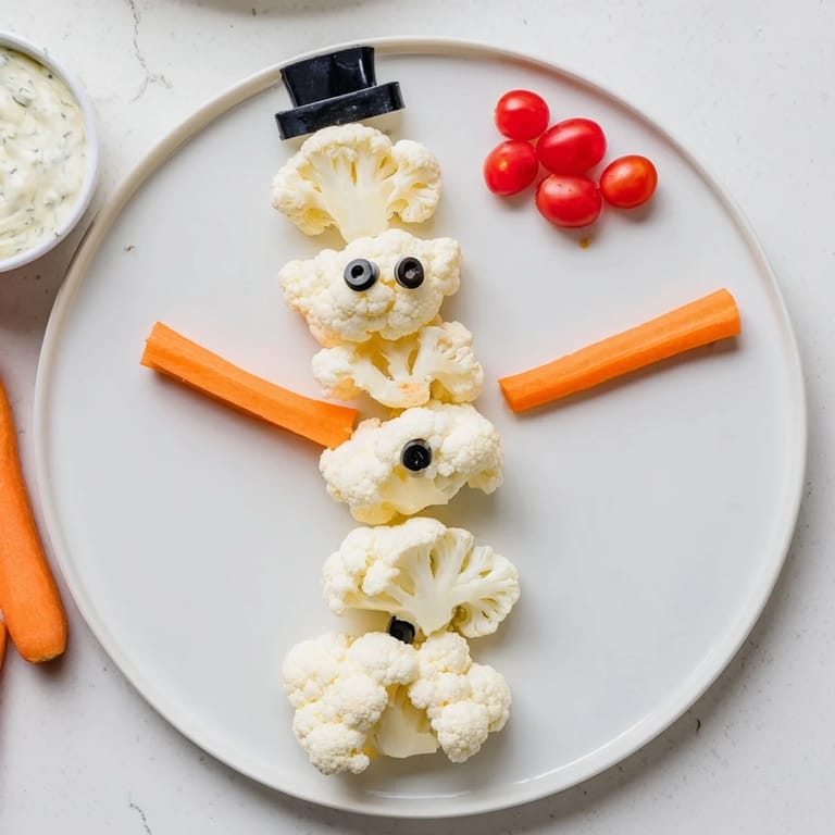 Crisp carrot arms and a bell pepper hat adorn the adorable Snowman Crudités, ready for dipping.