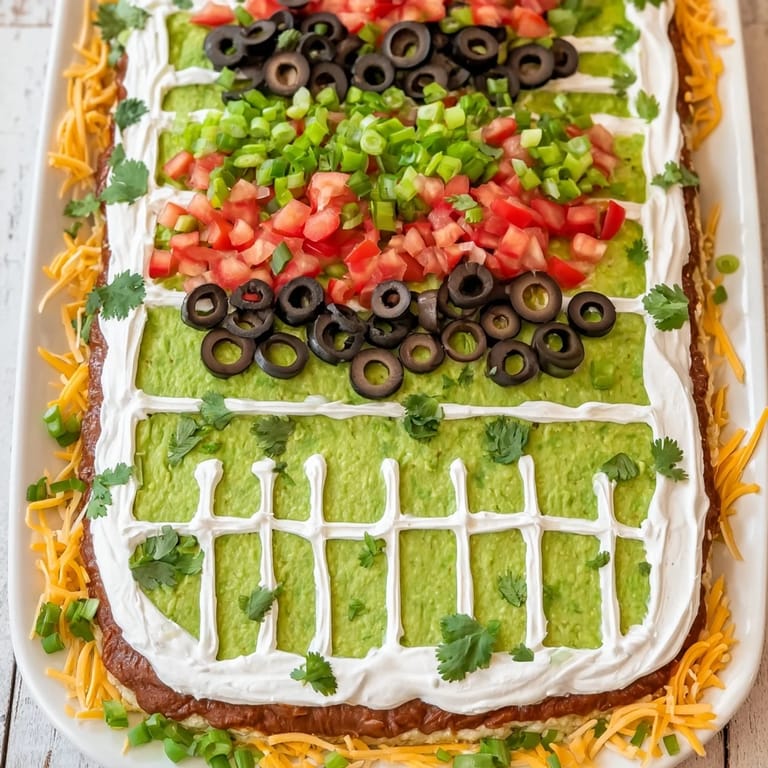 This Football Field Dip Platter offers a colorful presentation, ready for serving with tortilla chips and friends.
