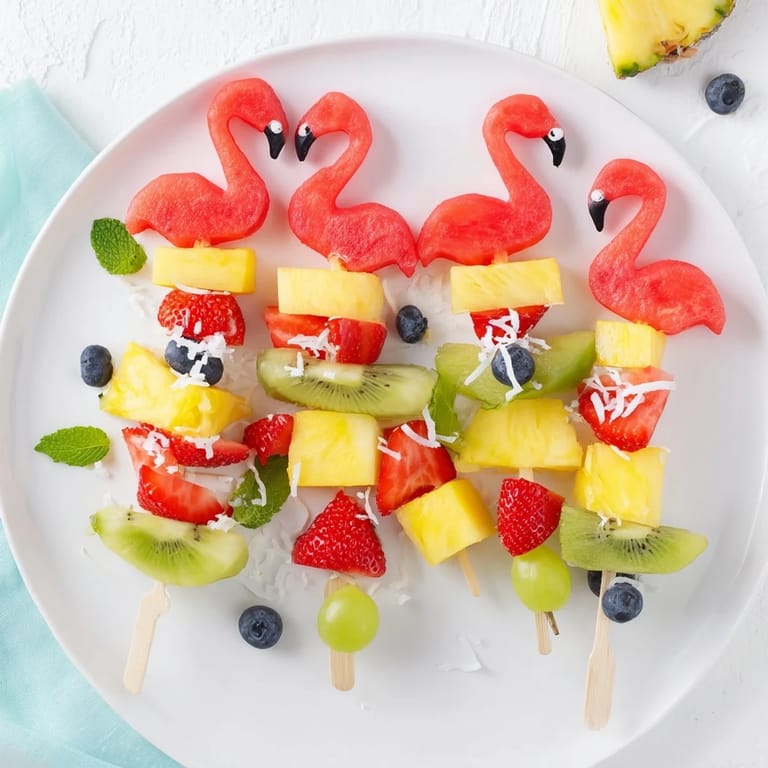 Beautifully arranged Flamingo Fruit Skewer Platter, featuring juicy watermelon and mango, ready to enjoy.