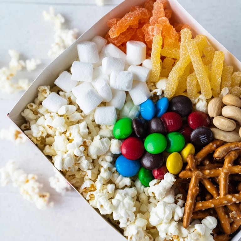 An eye-catching Movie Night popcorn box display: fresh popcorn with crunchy, colorful snacks.