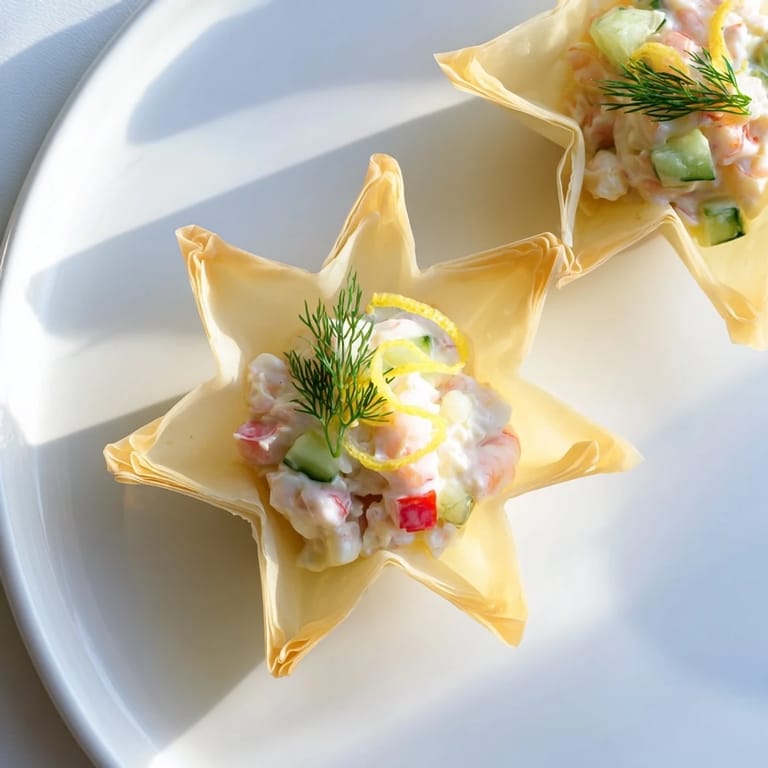 Elegant Mini Star Cocktail Cups feature a creamy shrimp filling, garnished with fresh dill and lemon zest.