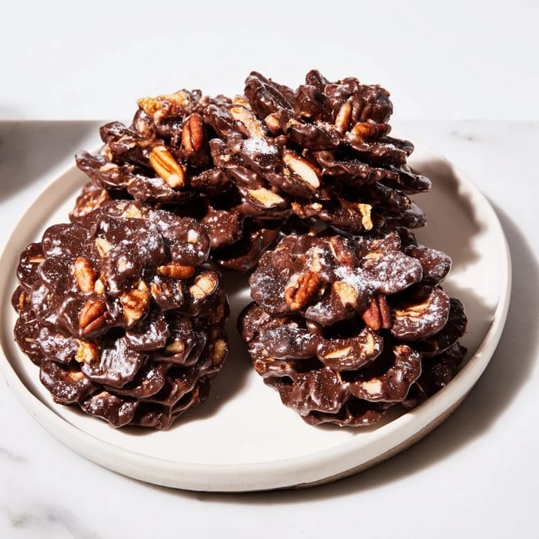 Festive Rustic Dessert: Pinecone Chocolate Nut Clusters, beautifully shaped with toasted pecans, ready for a treat.