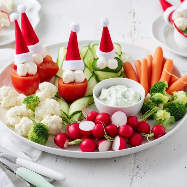 Festive Savory Crudités board with Santa hats made of tomatoes, mozzarella, and a fresh herb dip.