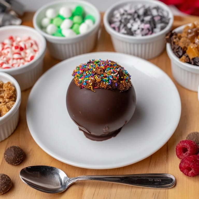 A spread of toppings complements the rich, homemade Hot Cocoa Bombs, ready for a cozy treat.