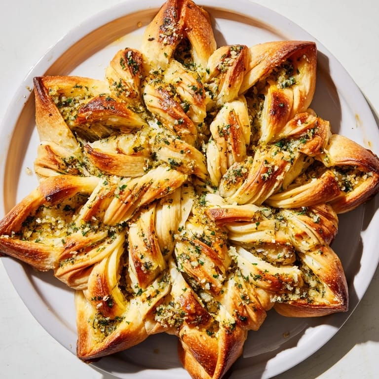 Warm, appetizing picture of star-shaped garlic bread ready to eat with a flavorful garlic butter center.