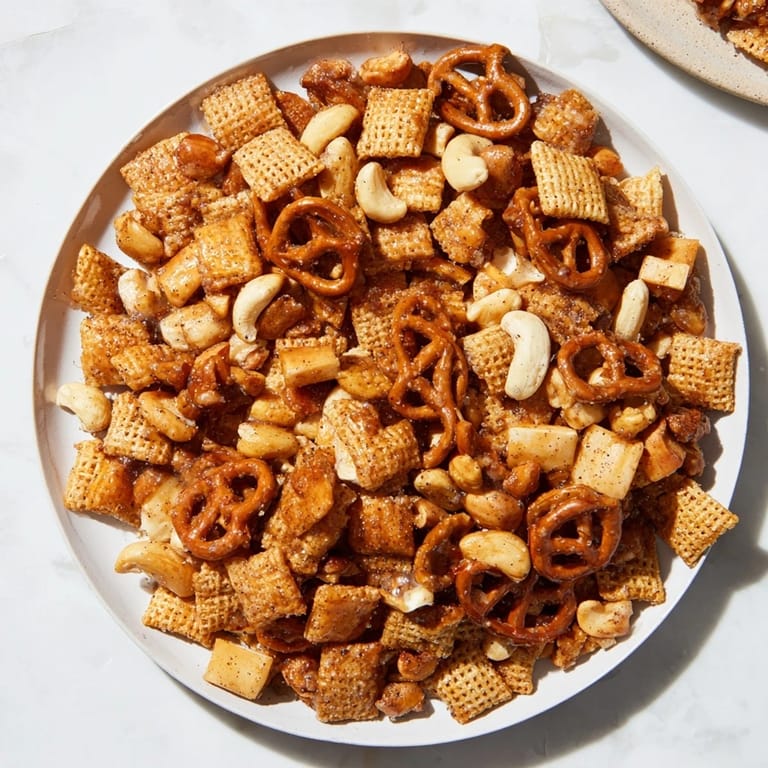 Sweet and savory Party Mix, baked to crispy perfection, ready to serve for your party.
