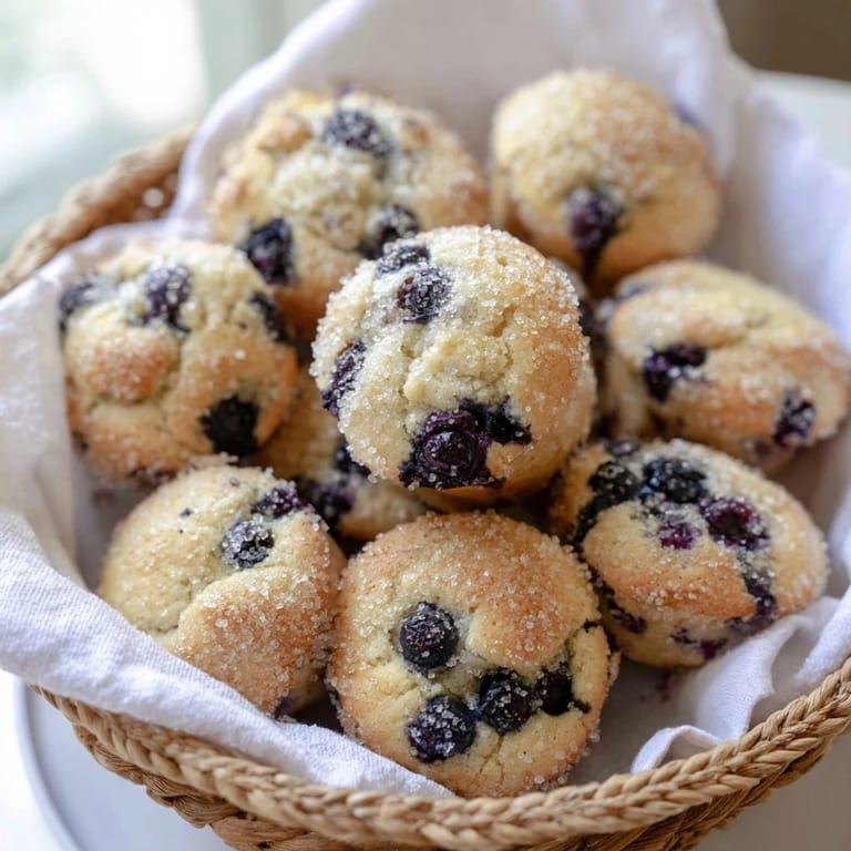 Freshly baked mini blueberry muffins, served warm in an inviting, charming basket display.