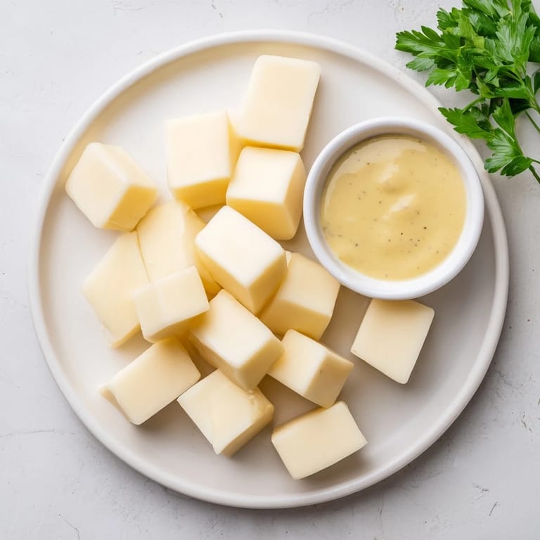 This cheese platter presents vibrant Gouda, featuring a luscious mustard dip in a small bowl for dipping.