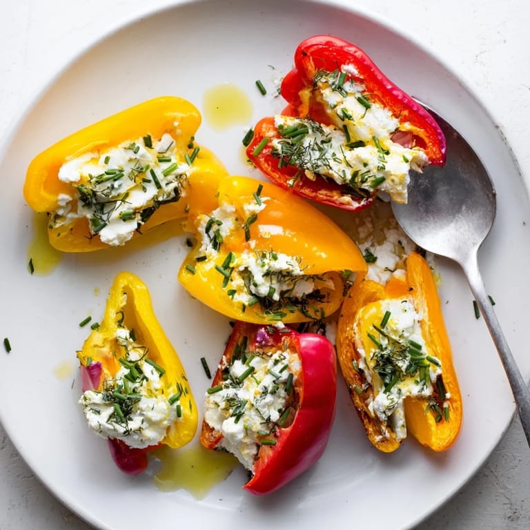 Freshly-made Mediterranean mini bell pepper halves with feta filling, drizzled with olive oil and herbs.