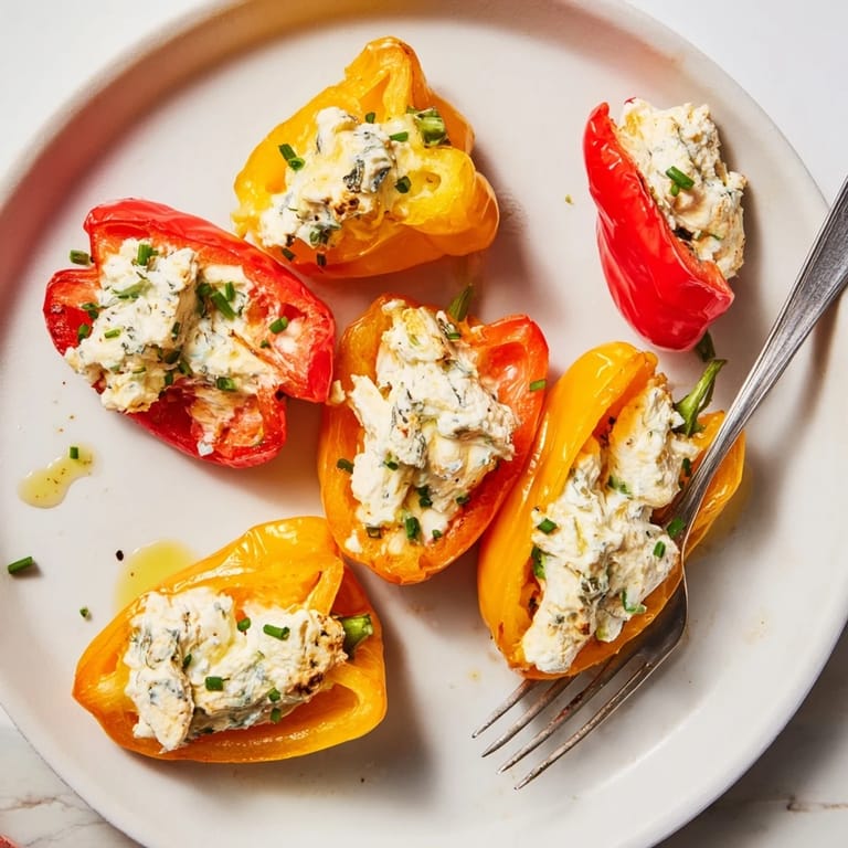 Brightly colored, halved mini bell peppers ready to eat, packed with a tangy feta filling.