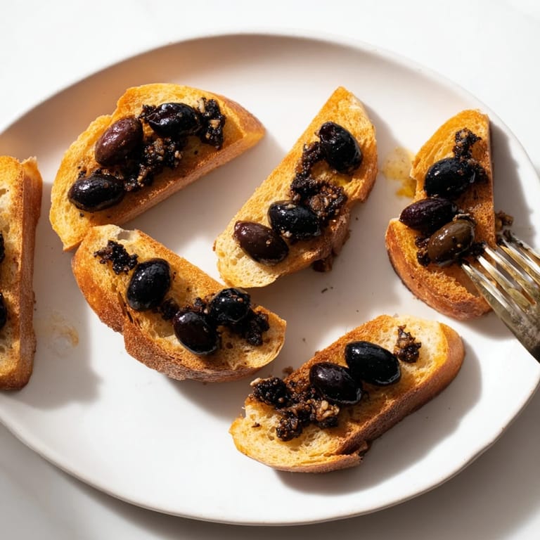 Beautiful presentation: close-up of a bowl of black olive tapenade with fresh herbs, alongside golden crostini.