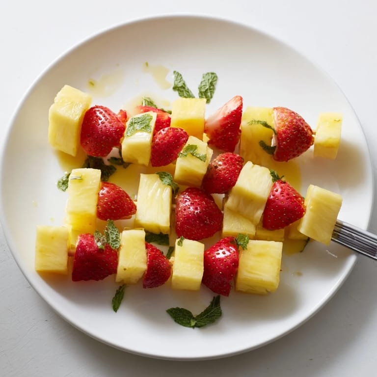 Delicious Fruit Skewers with Pineapple and Strawberries, garnished with mint, a light and healthy dessert.