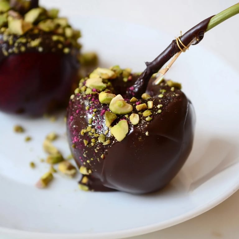 A close-up of a luscious chocolate-covered cherry dessert bite; offering a rich, sweet experience.
