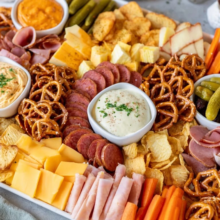 This Tailgate Party Power Stack features layered meats, veggies, and dips ready for a football game.
