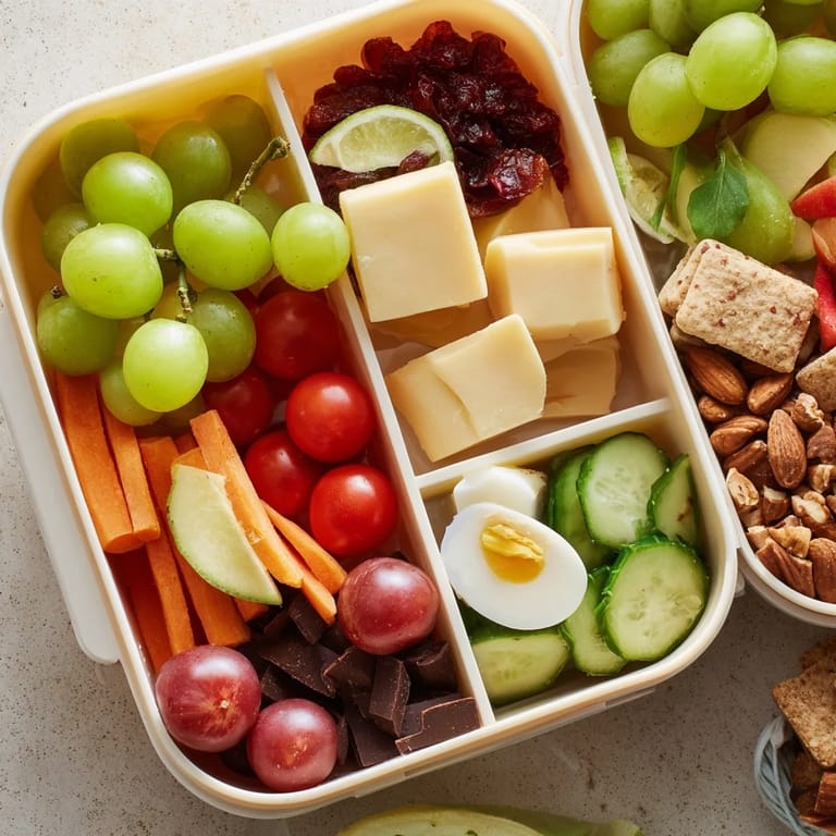 A Road Trip Snack Box overflowing with fresh fruit, savory crackers, and a creamy hummus dip.