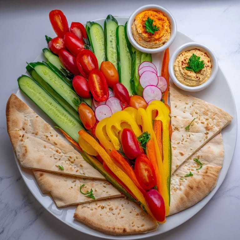 Delectable Moroccan Tent, a beautiful arrangement of vegetables, dips, and warm pita bread for dipping.