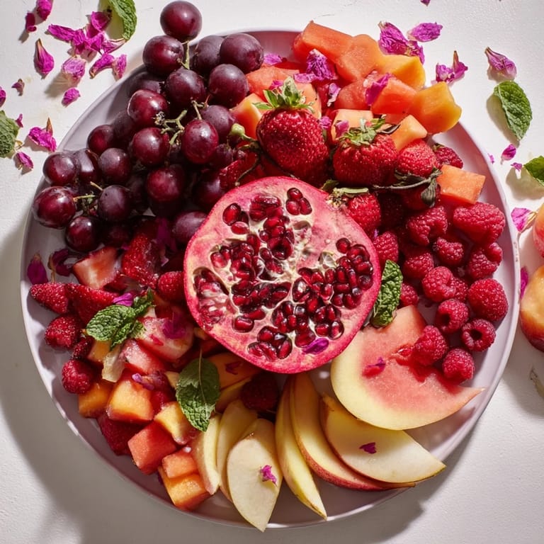 A close-up view of the The Pomegranate Pivot showcases a gorgeous, colorful fruit presentation for a cheerful snack.