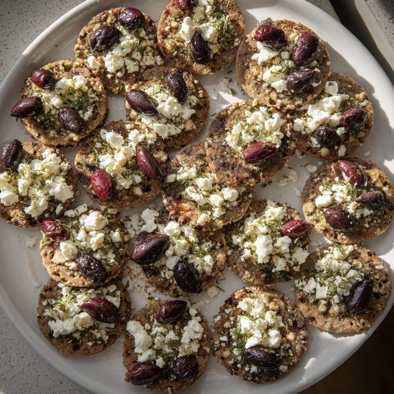 View of The Cobblestone Courtyard appetizer with green and black olives nestled between crackers, ready to serve.