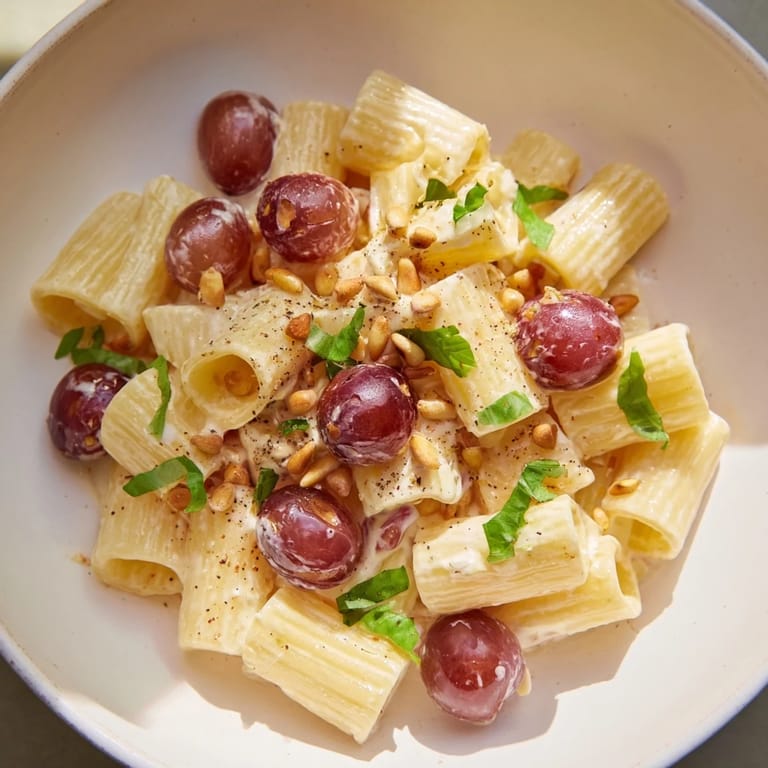 A beautiful close-up of Pasta with Roasted Grapes and Ricotta, plated for a satisfying Italian meal.