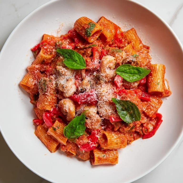 A steaming bowl of One-Pot Diavola Pasta with Shrimp, garnished with fresh basil and Parmesan cheese.