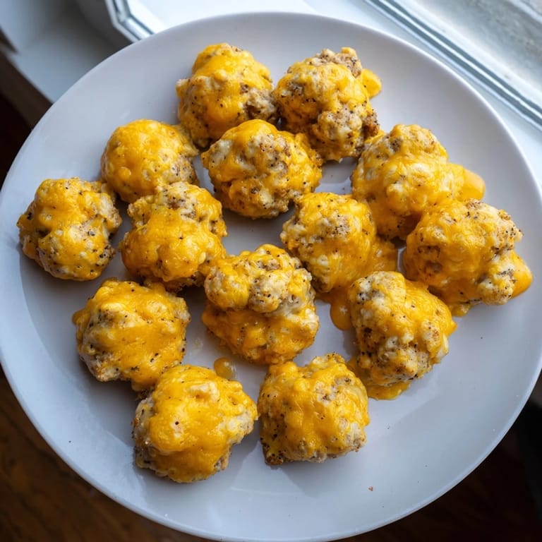 A close-up of cheesy Chicken and Sausage Bisquick Balls, freshly baked and ready to share at a potluck.