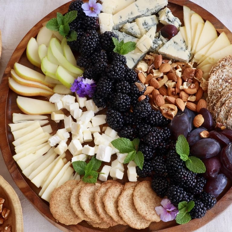 Enjoy this stunning Yin-Yang Balance board featuring contrasting flavors of cheese, fruit, and nuts, perfect for sharing.