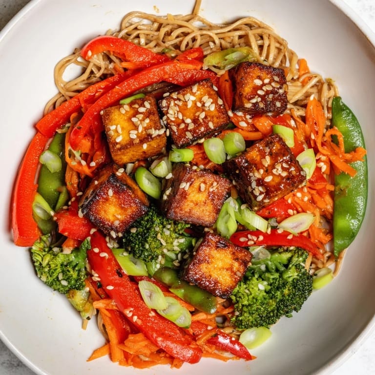 Enjoy a quick taste: the delicious sesame ginger tofu stir-fry, ready to be served hot and fresh.