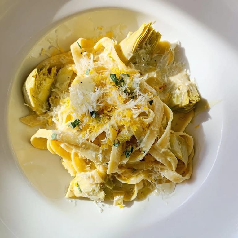 A close-up shot of Creamy Lemon Artichoke Pasta, showcasing the creamy sauce and pasta.