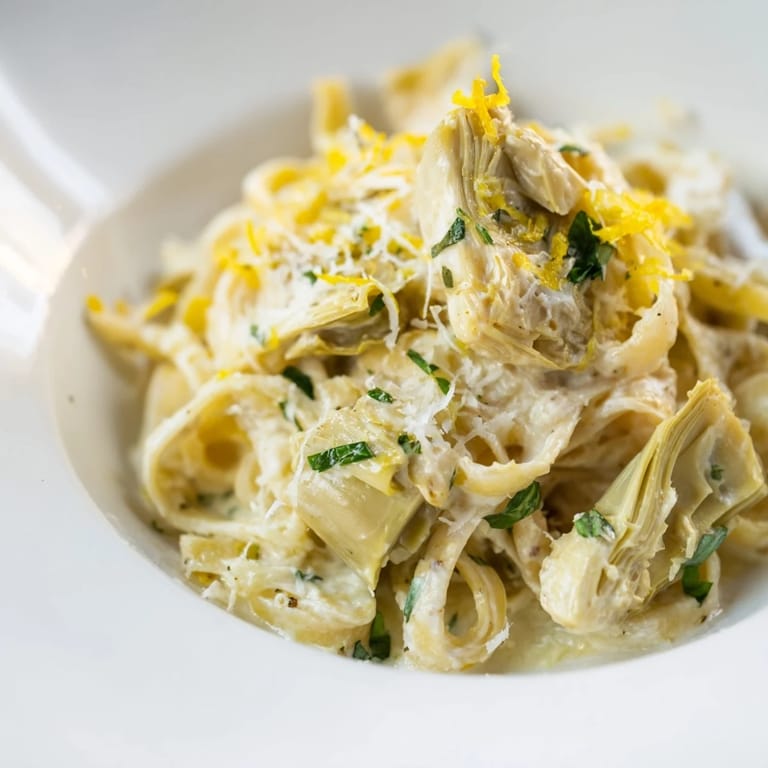 This plate of Creamy Lemon Artichoke Pasta is topped with Parmesan cheese, Italian-inspired.