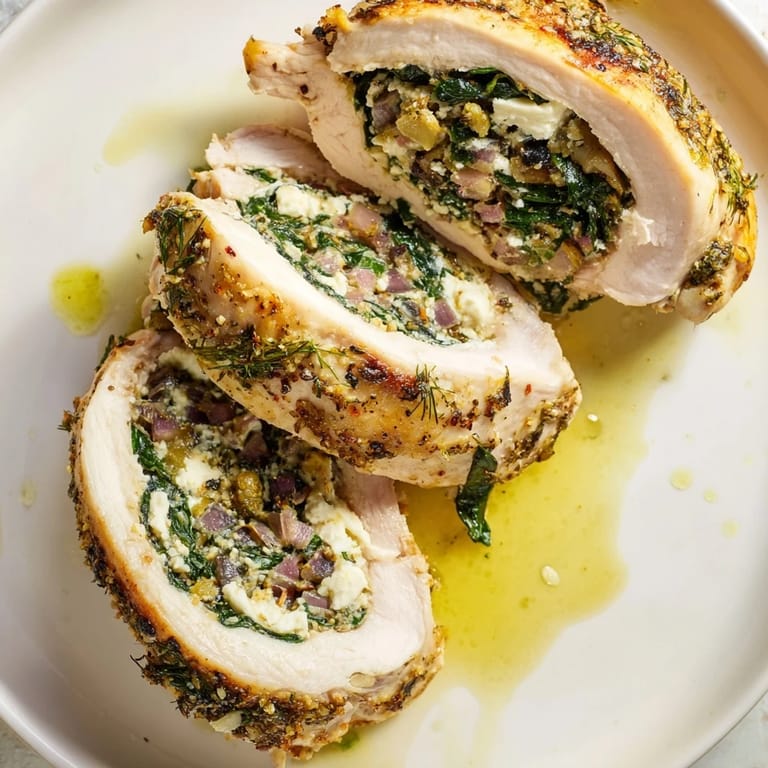 Savory Spinach Feta Stuffed Chicken roll-ups, seared, then baked to juicy perfection, ready to serve.