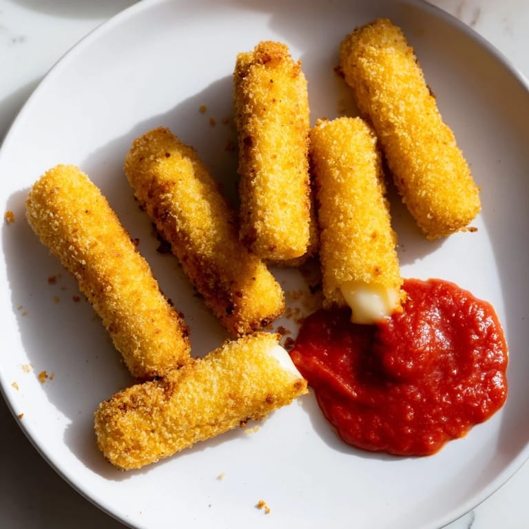 Melted cheese perfection: a close-up of delicious, hot air fryer mozzarella sticks ready to eat.