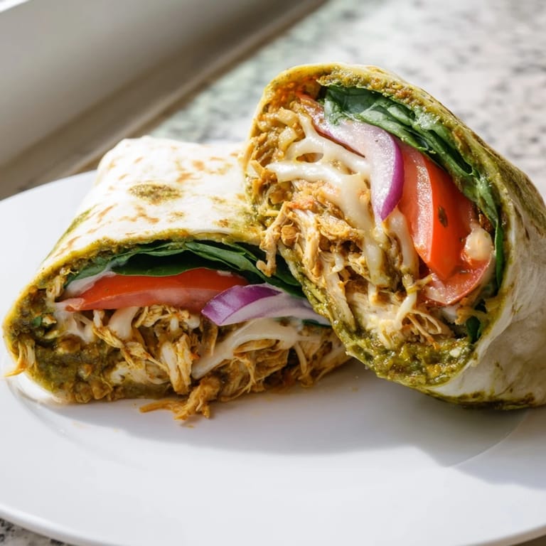 Golden-brown Pesto Chicken Wraps, an easy lunch idea bursting with Mediterranean flavors and cheeses.