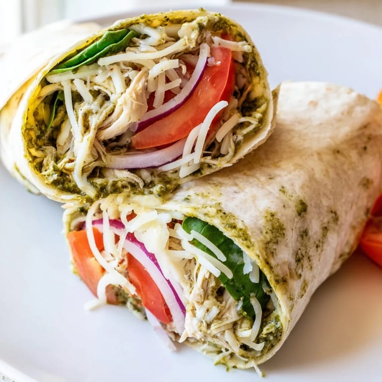A close-up of a delicious Pesto Chicken Wrap, cut open, showcasing chicken and fresh fillings.