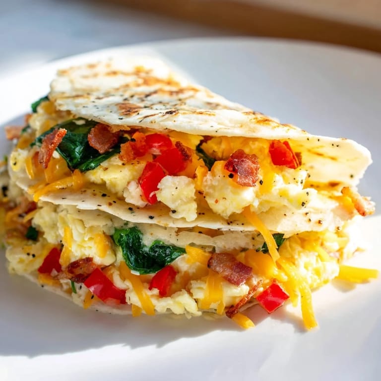 Golden-brown Breakfast Quesadilla, a quick breakfast idea with eggs, bacon, and veggies, beautifully layered.