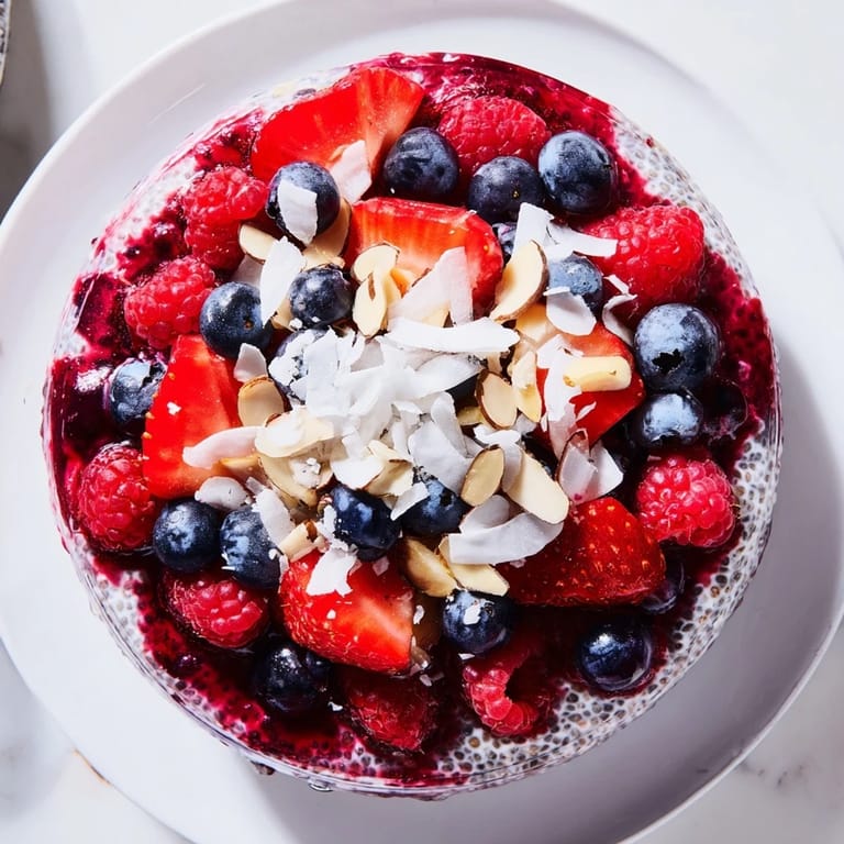 A visually appealing bowl of berry chia pudding, topped with fresh berries and a sprinkle of coconut.