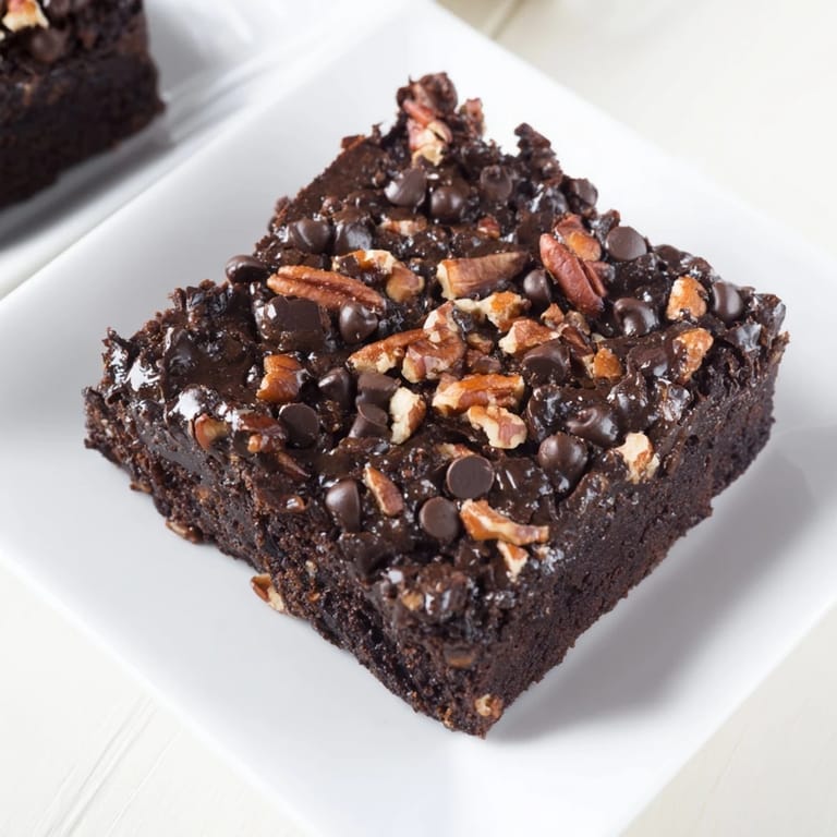 Rich, dark Greek Yogurt brownies, perfectly cut squares showing gooey chocolate chips inside.