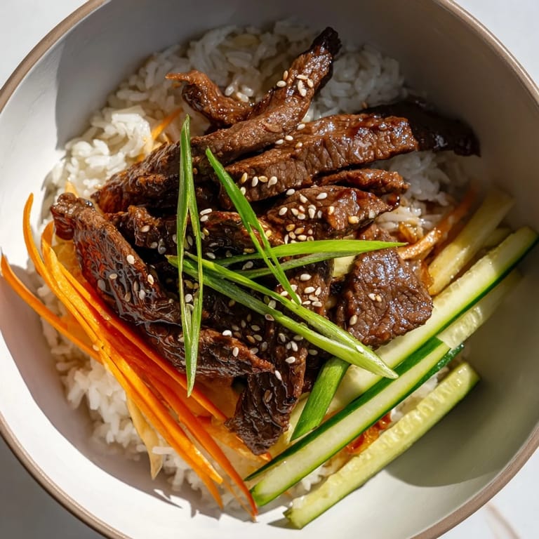 A close-up of a flavorful bulgogi beef bowl with glistening, stir-fried beef and colorful toppings.