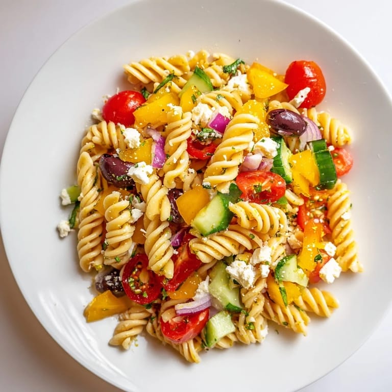 Tempting close-up of summer's best Lemon Pasta Salad, perfect as a refreshing side dish.