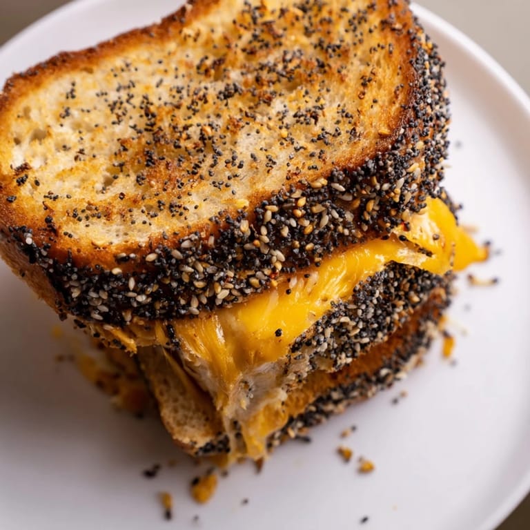 This Everything Bagel Grilled Cheese shows golden-brown bread with melted cheese, ready to be sliced.