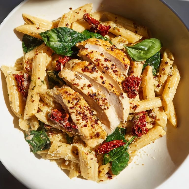 Enjoy the delicious Creamy Tuscan Chicken Pasta; the flavorful chicken complements the creamy sauce perfectly.