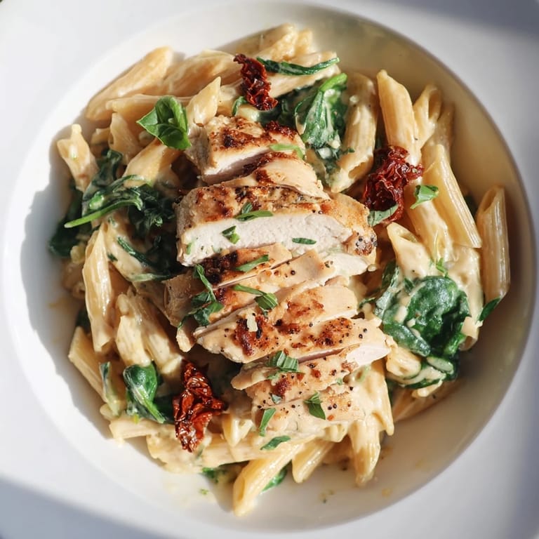 A close-up of creamy Tuscan chicken pasta, featuring spinach in a rich, Parmesan-infused sauce.