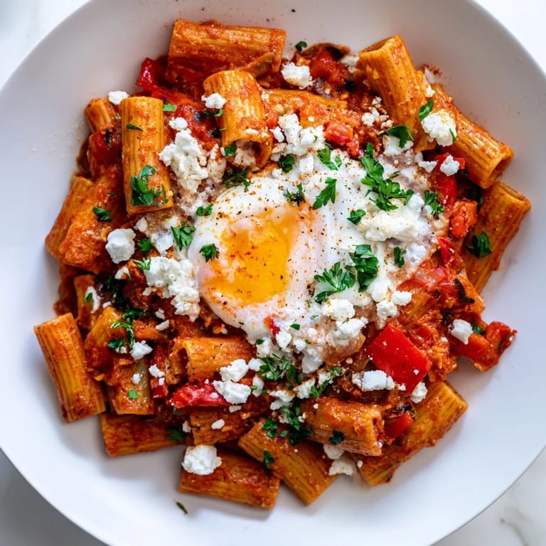 This Quick Shakshuka Pasta shows simmering tomatoes with bright red bell peppers, ready to serve with pasta.