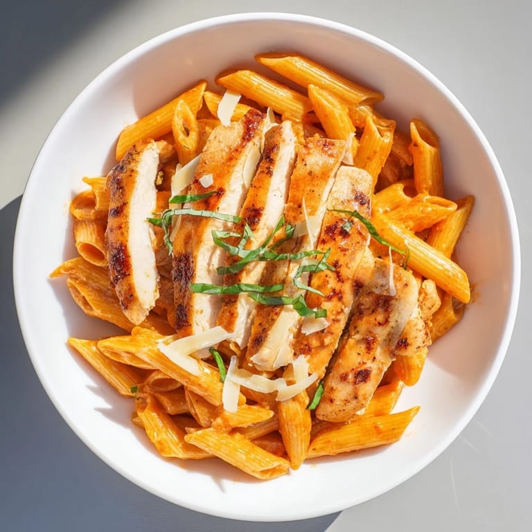 This photo shows a plate of the rich Creamy Tomato Basil Chicken Pasta, perfectly plated and ready to eat.