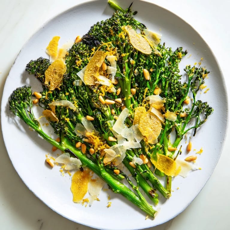 Vibrant image shows the delicious colors of the broccolini salad, served with fresh lemon wedges.