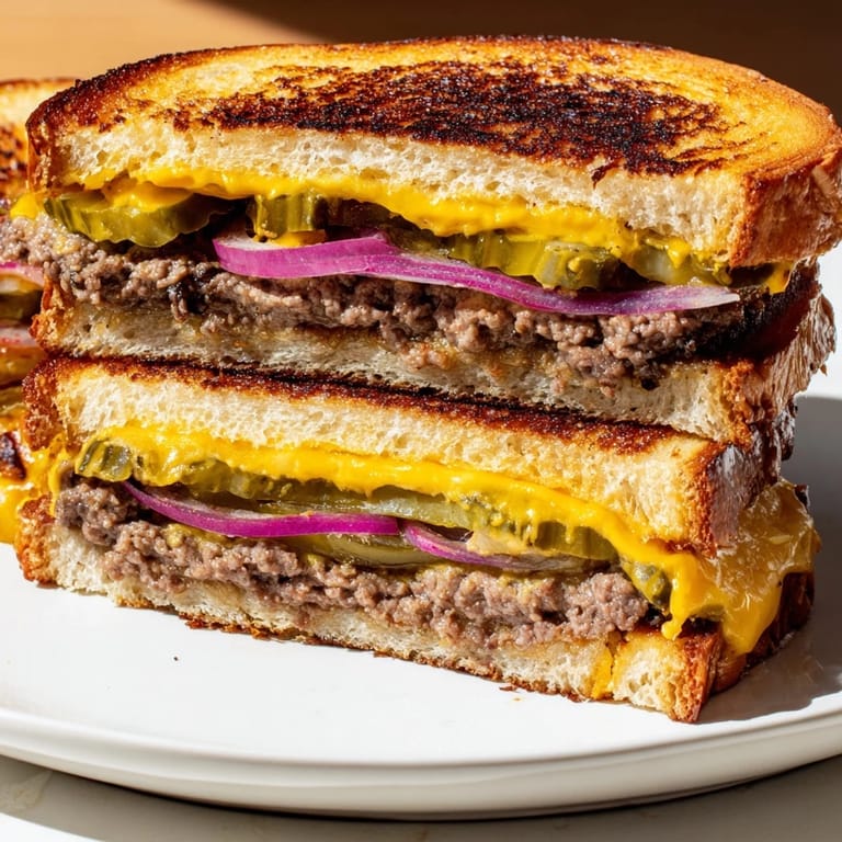 Juicy smashed beef patty nestled inside a Smashed Burger Grilled Cheese with crispy, buttery bread, piled high.