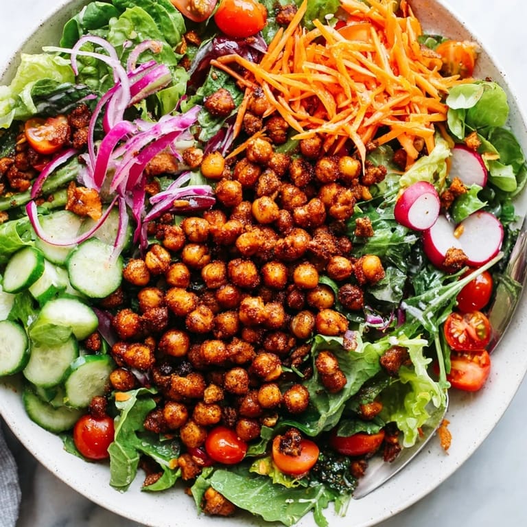 Golden, crunchy chickpea croutons top the colorful Mixed Greens Salad, ready to enjoy.