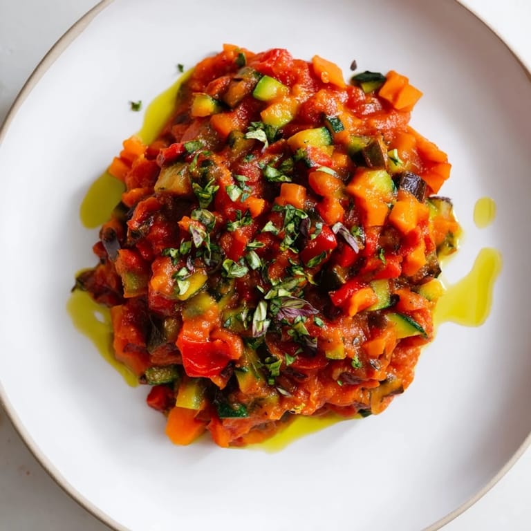 Bright red veggie-loaded tomato pasta sauce, a vegetarian delight, ready for pasta night.