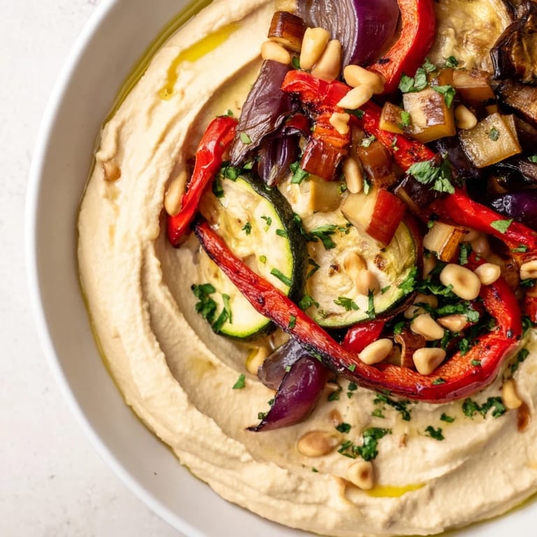 Savory hummus roasted veggies boast smoky roasted bell peppers, zucchini, and eggplant; a flavorful vegan dish.